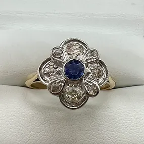 14ct Gold Blue Topaz and Diamond Flower Ring – Size P